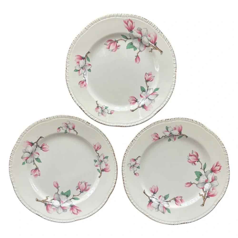 Vintage Pink Floral Plates Homer Laughlin Dogwood Gold Trim Fine China 3 Pc Set